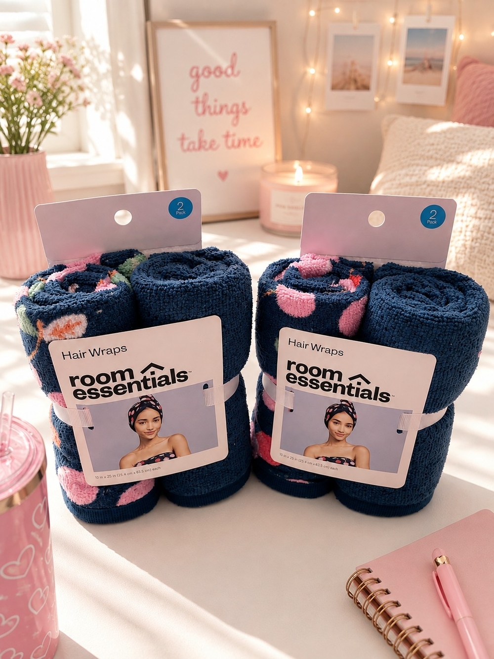 Room Essentials Navy Floral Hair Wraps - 2 Pack (4 Wraps)